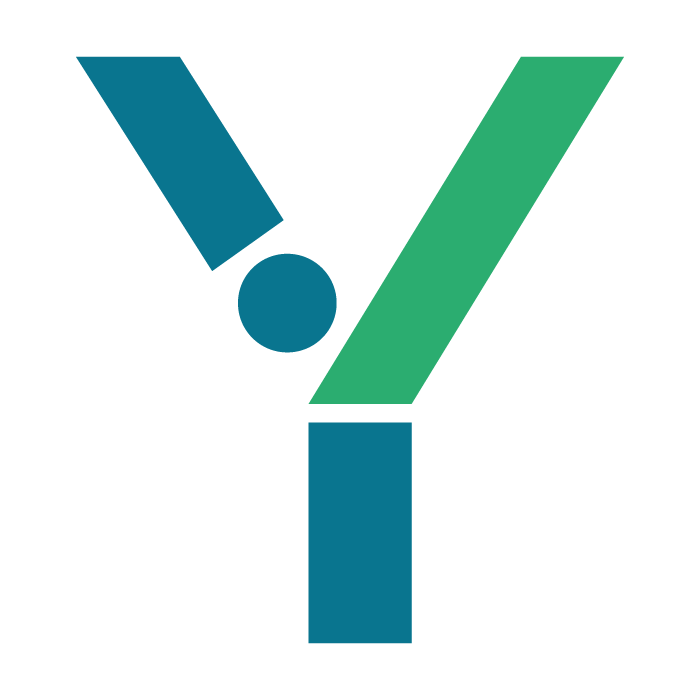 Abstraktes Logo mit blauen und grünen geometrischen Formen, die an ein 'Y' erinnern.