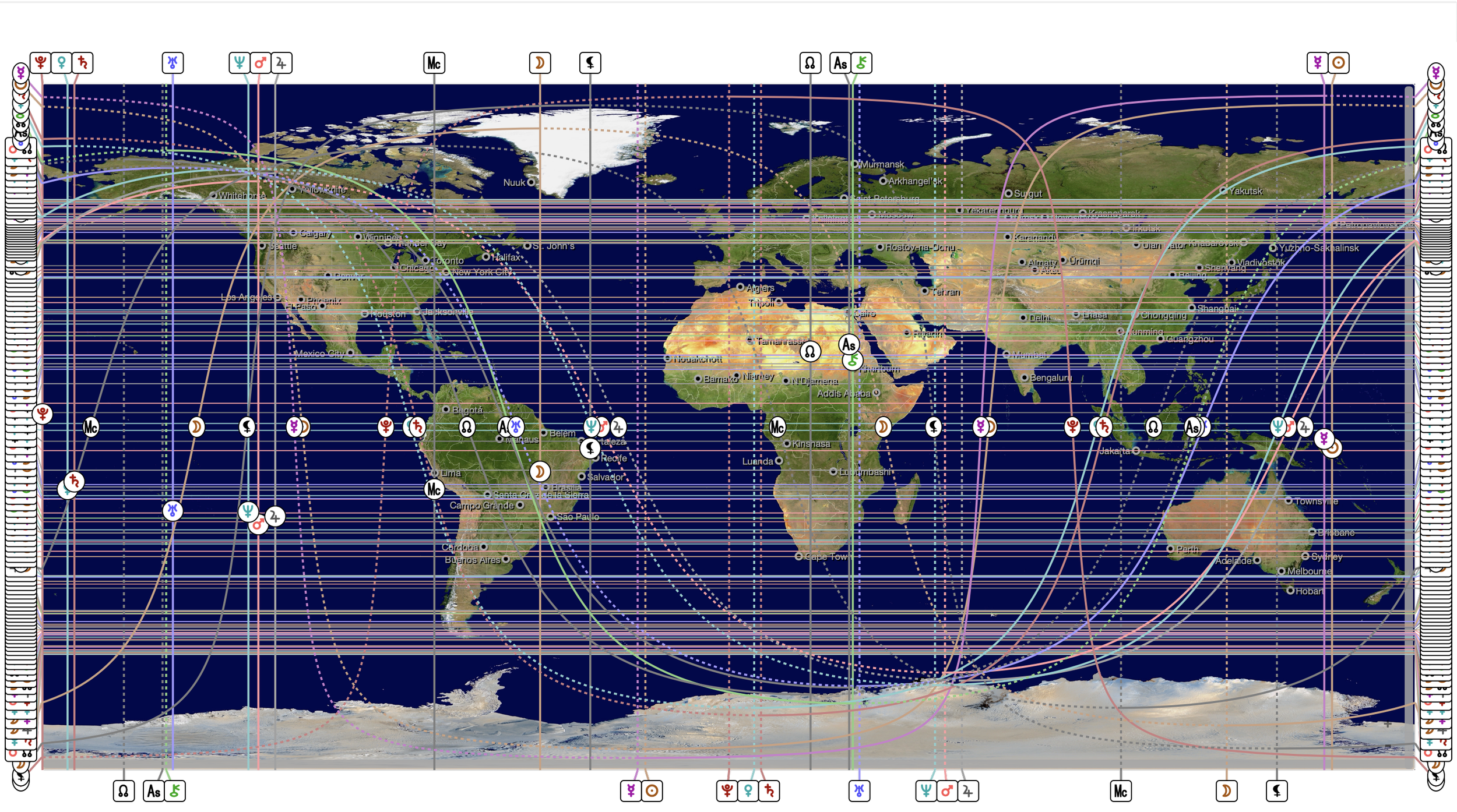 A detailed astrocartography map of the world with various planetary symbols, lines, and grid overlays indicating astrological influences across different regions specific to your unique birth chart.