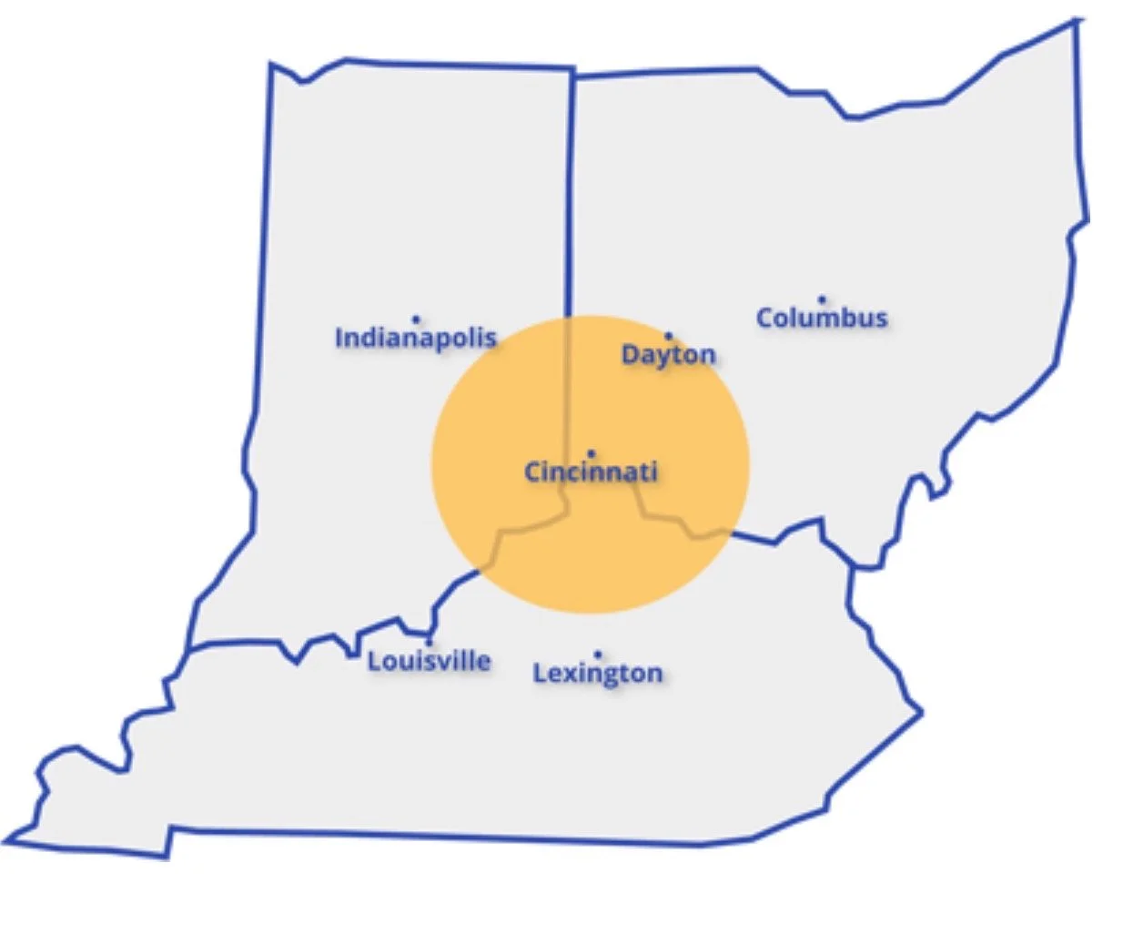 Map of Ohio with Cincinnati highlighted in yellow circle, and surrounding cities Indianapolis, Dayton, Columbus, Louisville, and Lexington labeled.