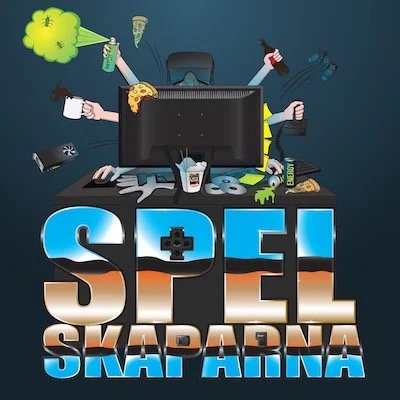 Omslag för podcasten Spelskaparna. En dator omgivna av olika snacks och drycker, med texten Spelskaparna'