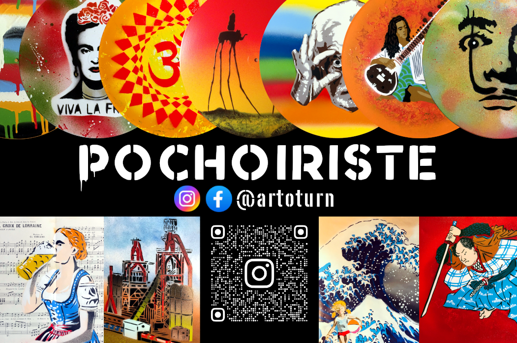 Carte de visite de l'artiste ArtoTurn représentant des peintures telles que Frida Kahlo, Salvador Dali, Anoushka Shankar, Alejandro Jodorowsky, et la Vague d'Hokusai, avec le texte "POCHOIRISTE" en caractères gras.