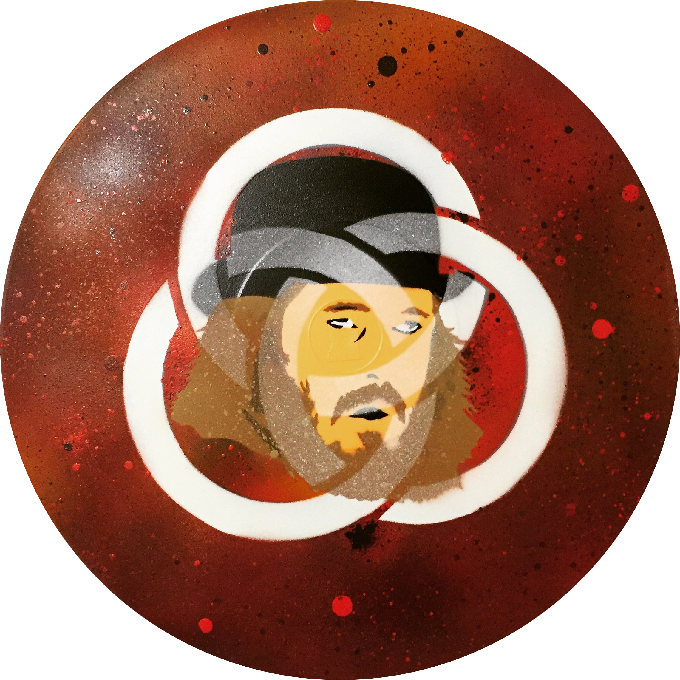 Illustration colorée du batteur de Led Zeppelin, avec un fond rouge et noir avec des éclaboussures de peinture, style graffiti, réalisé au pochoir et bombes de peinture.