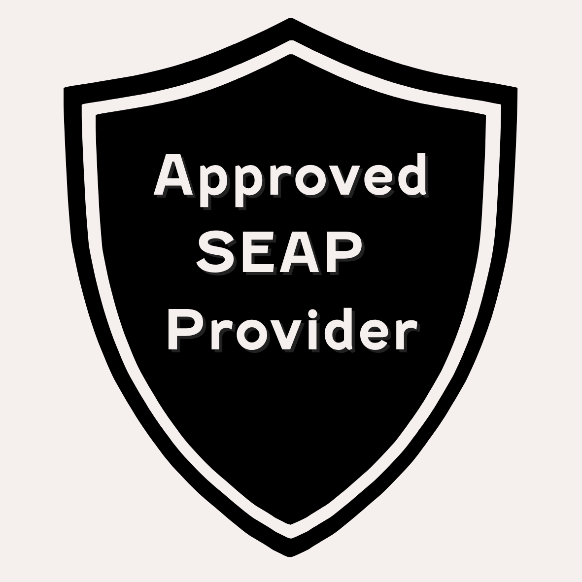 A shield-shaped badge with a black background and white border that reads 'Approved SEAP Provider' in white text.