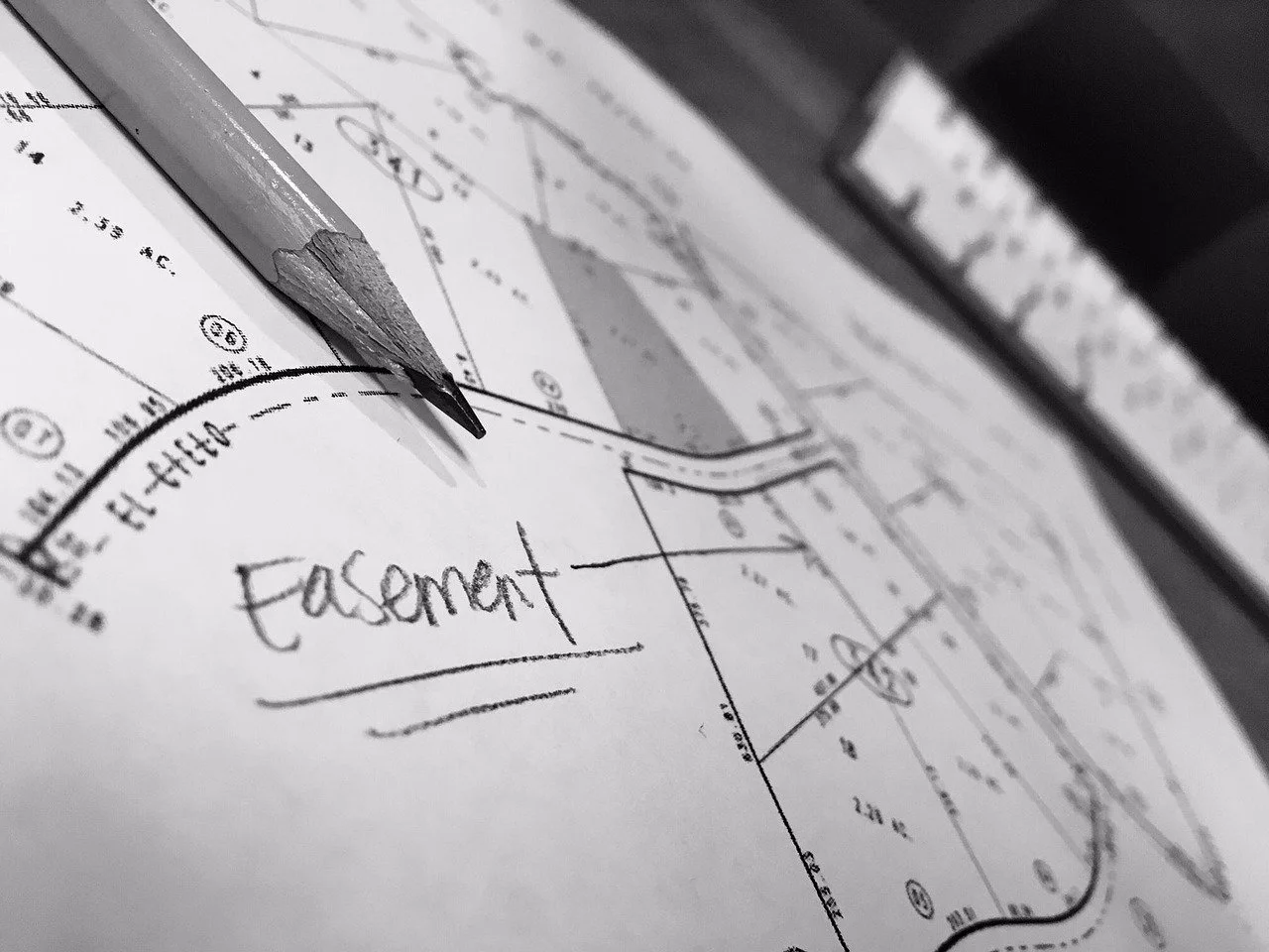 Close-up of a pencil resting on architectural blueprints, with the word 'Easement' handwritten on the paper.