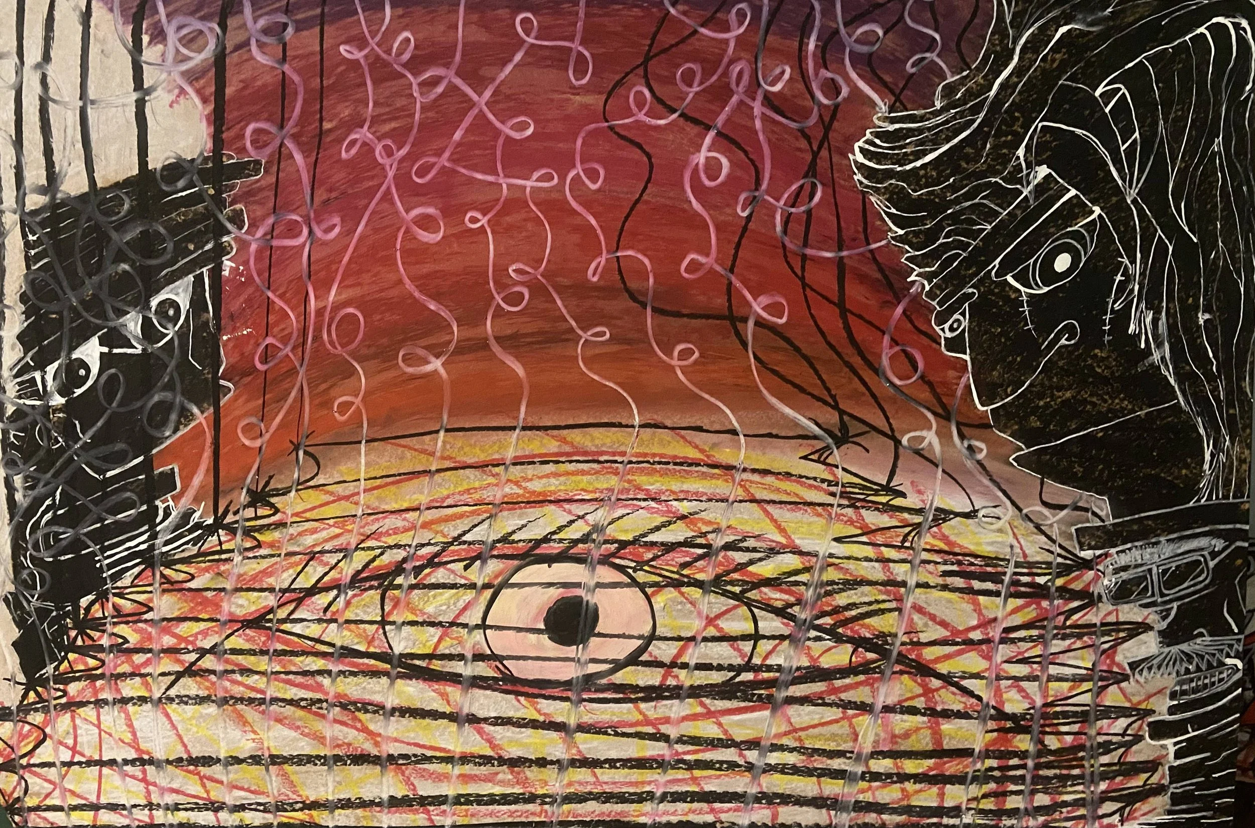 A colorful abstract artwork with a red and orange background, black and white line drawings of a face with long hair on the right, and mechanical or industrial elements on the left, overlaid with pink and white curly lines.