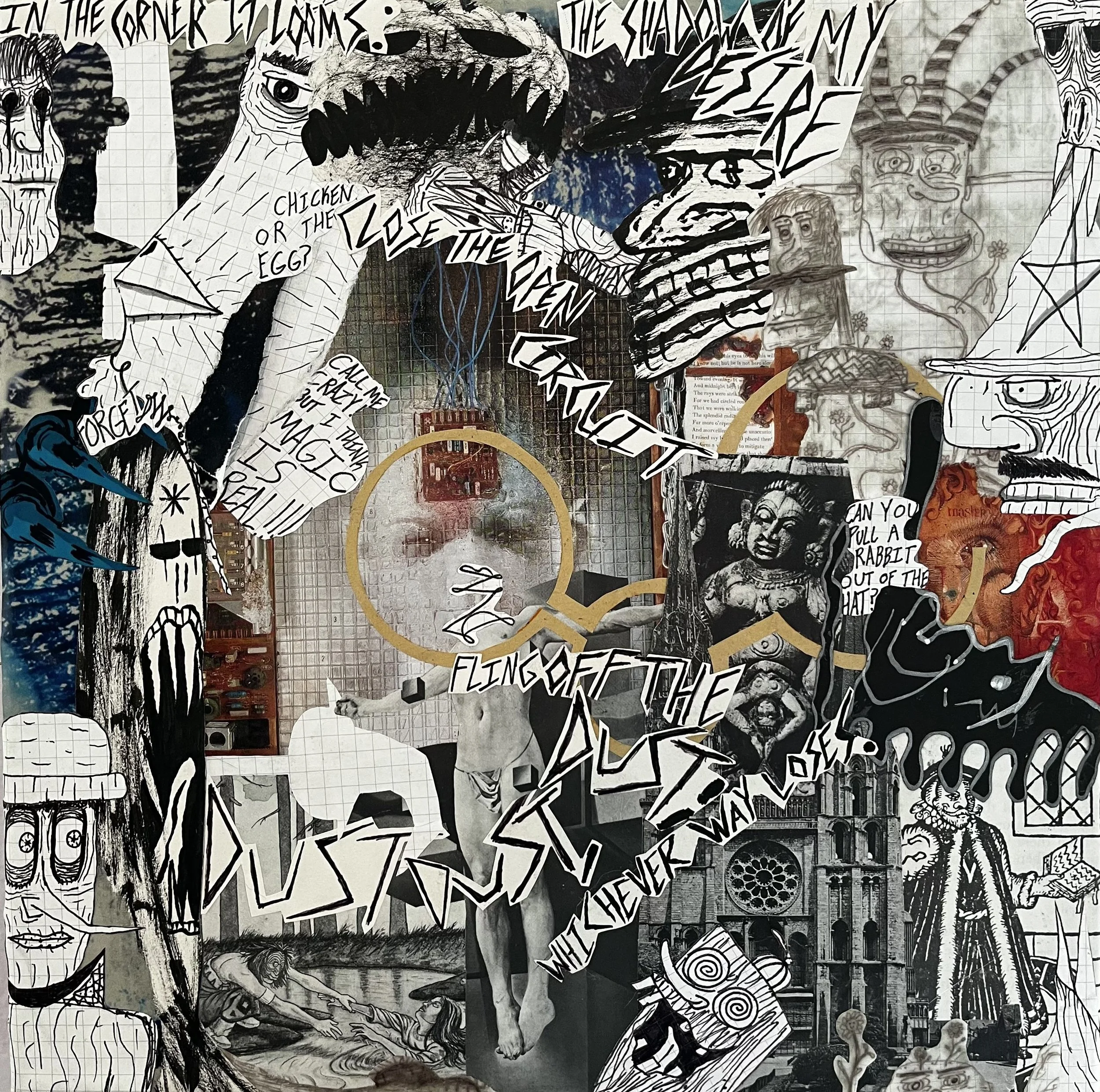 A collage of black and white sketches, comic-style drawings, and graffiti elements, featuring various faces, figures, and abstract patterns, with some photographs and handwritten text scattered throughout.