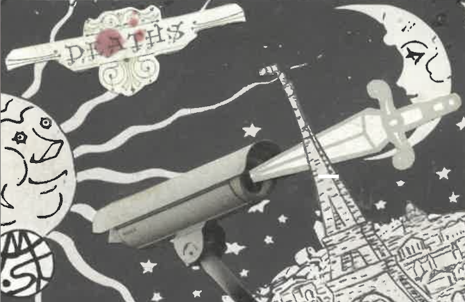 A drawing featuring a cartoon moon with a face, a large syringe, a spaceship, and the Eiffel Tower against a starry night sky. There is also a banner with the word "DREAMS" and musical notes.