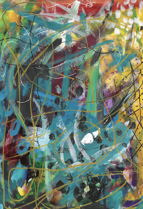 An abstract painting with vibrant colors including yellow, red, blue, green, black, and white, featuring splatters, streaks, and layered brushstrokes.