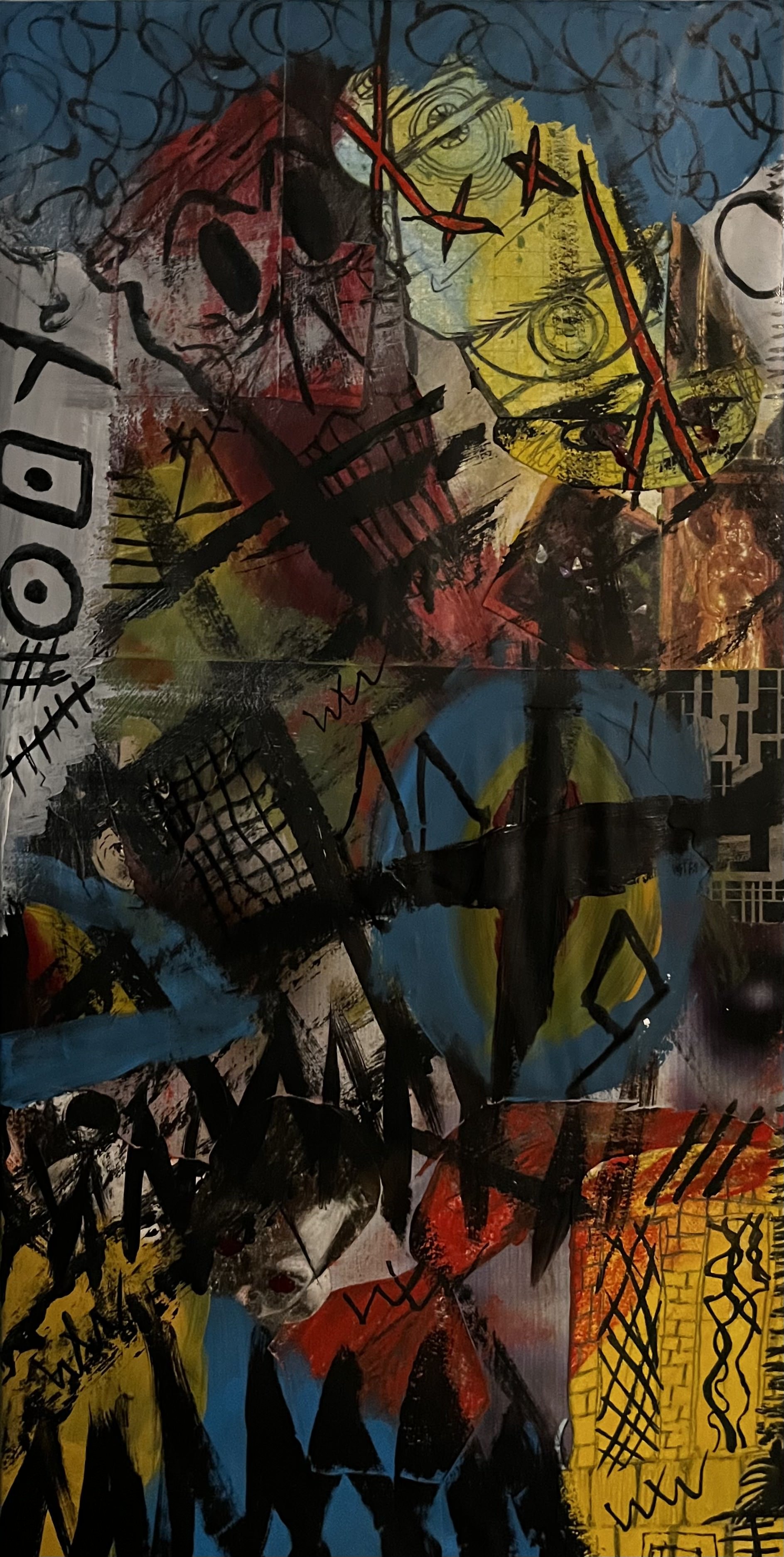 Abstract graffiti-style mural with vibrant colors, black scribbles, and various graffiti tags and symbols.