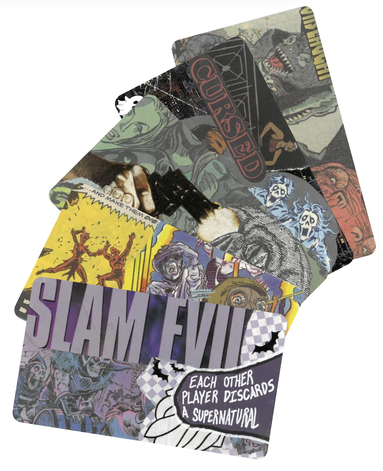 Set of horror-themed trading cards with artwork and titles, including a card titled 'SLAM EVIL' and another with the phrase 'Each other player discards a supernatural.'