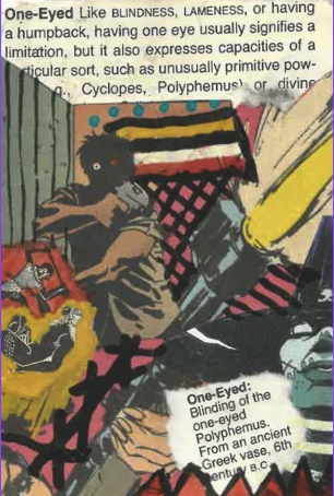 A vintage comic book illustration depicting a person with dark curly hair, sitting with their arms crossed, surrounded by vibrant colors and patterns, with text about one-eyed giants and ancient Greek mythology in the background.