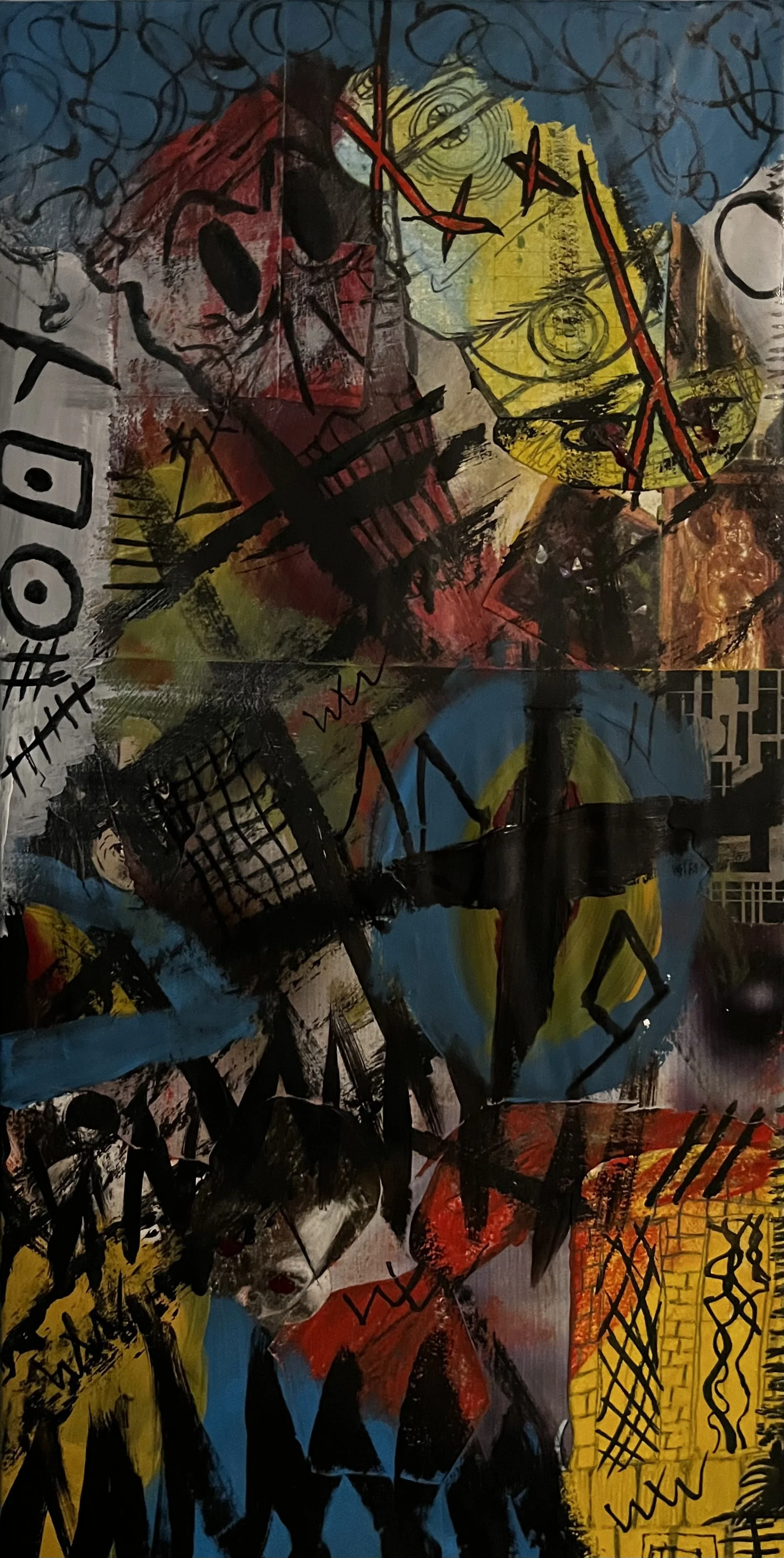 Abstract painting with vibrant colors, expressive black lines, and various geometric and organic shapes.