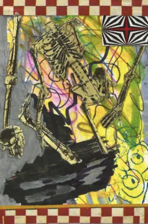 Abstract mixed media artwork featuring a skeletal monkey figure, colorful chaotic background with yellow, pink, and green hues, a black and white geometric pattern, and a skull in the bottom left corner.