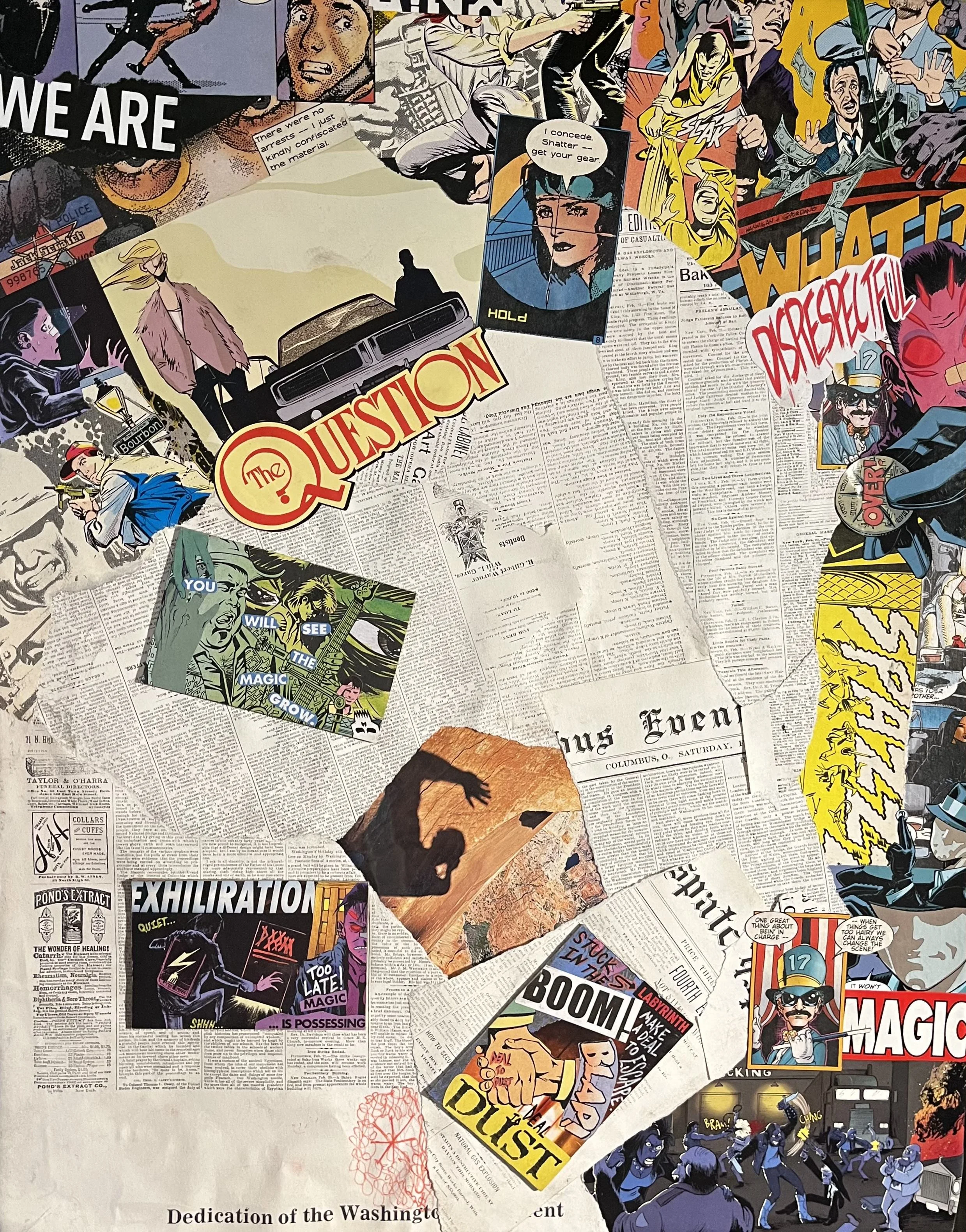 Collage of comic book pages, speech bubbles, and headlines in a mixed media art piece.