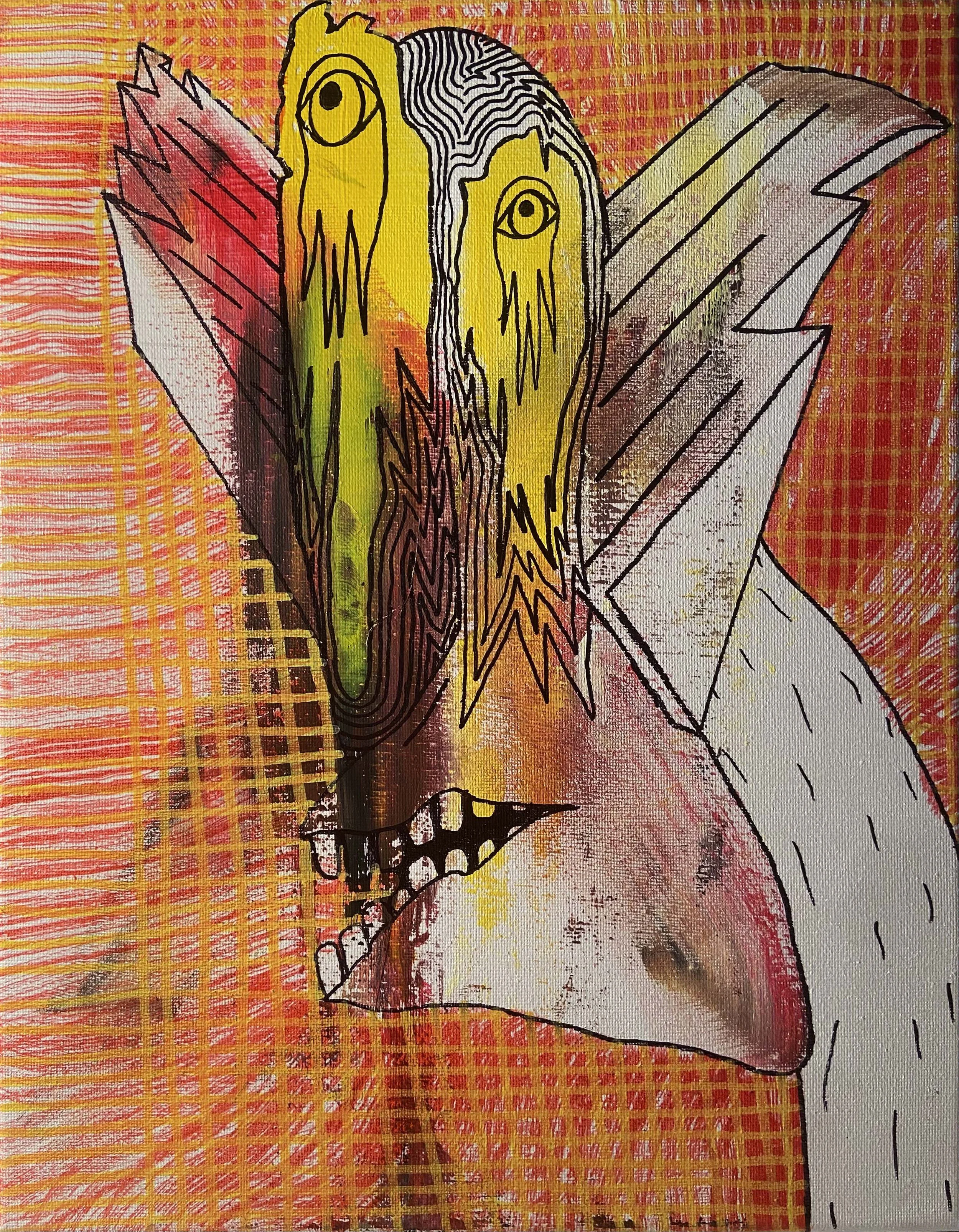 Abstract artwork featuring a creature with a monstrous face, large pointed ears, and sharp teeth, painted with vibrant colors like yellow, pink, and green against a red textured background.