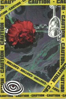 A dark landscape featuring a large, vibrant red flower near a body of water, with a faucet and chain in the background. Yellow caution tape with the word 'CAUTION' surrounds the scene.