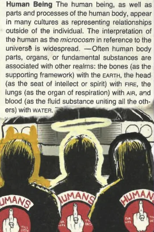 An illustration of three humans wearing black shirts with red and white logos on the back, featuring a stylized hand holding a key and the word 'HUMANS'. The background contains abstract sketches of human heads with various elements.