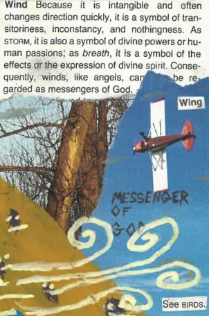 A colorful illustration depicting a small airplane flying near a blue cross with the word 'Wing' on it. There are swirling clouds or wind patterns below, and the scene is set against a background of trees and text about wind and spiritual symbolism.