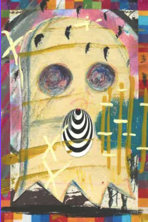 Abstract artwork featuring a cartoonish creature with spiral eyes, a striped nose, and a yellow body, set against a colorful background.