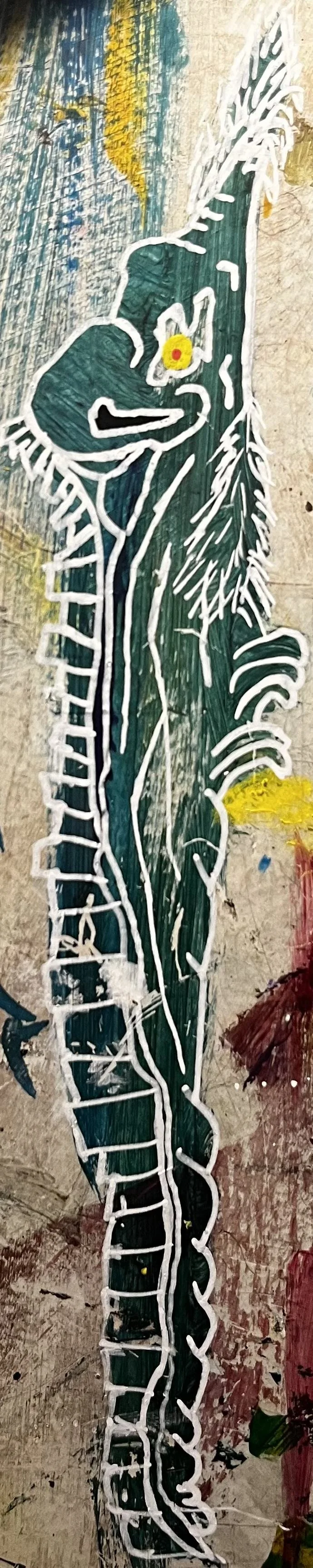 An abstract painting of a woman sitting with her legs crossed and arms resting on her knees. The painting features bold, white outlines and dark green shading, with yellow, blue, and red accents on the background and a yellow flower in her hair.