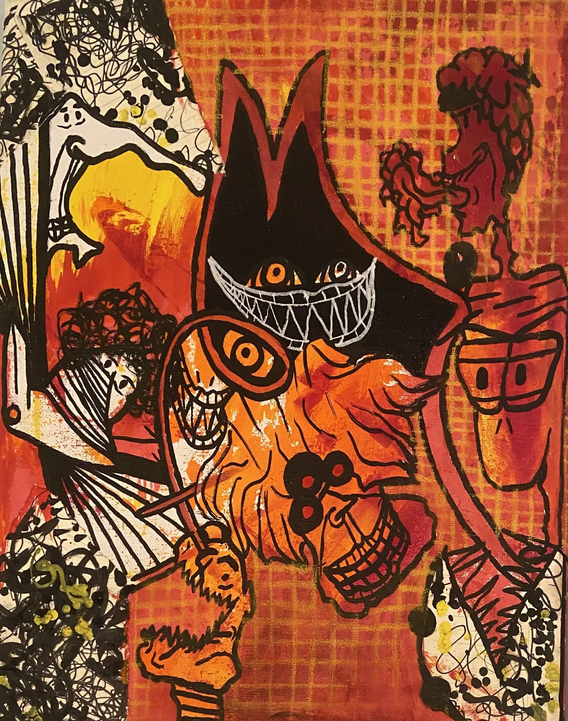 An abstract painting featuring a black cat with sharp teeth and orange eyes, surrounded by various cartoonish creatures and patterns in black, white, yellow, and red tones.