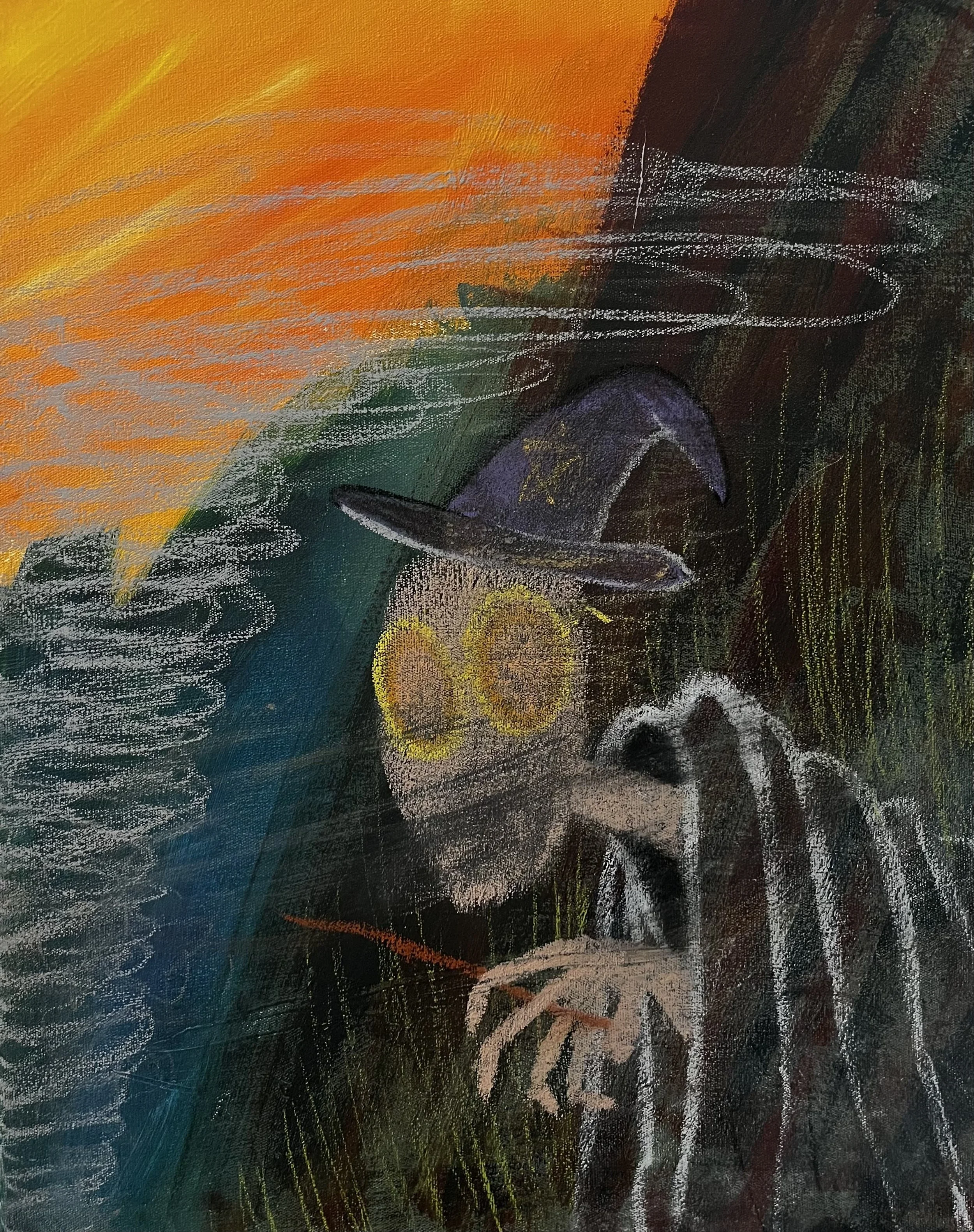 A chalk drawing of a witch with a pointed hat, yellow eyes, and a long nose, holding a broomstick, with a sunset sky in the background.