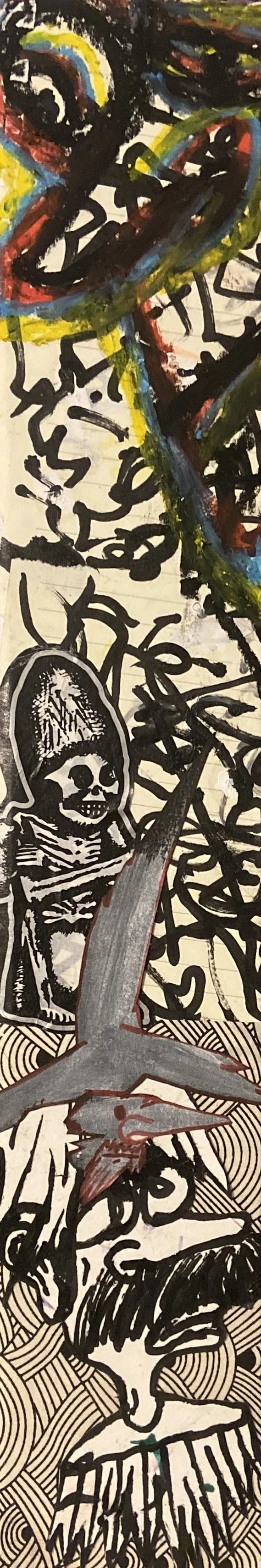 A vertical collage of various street art and graffiti, featuring abstract shapes, colorful patterns, a skeleton figure, a bird, and stylized faces in black and white.