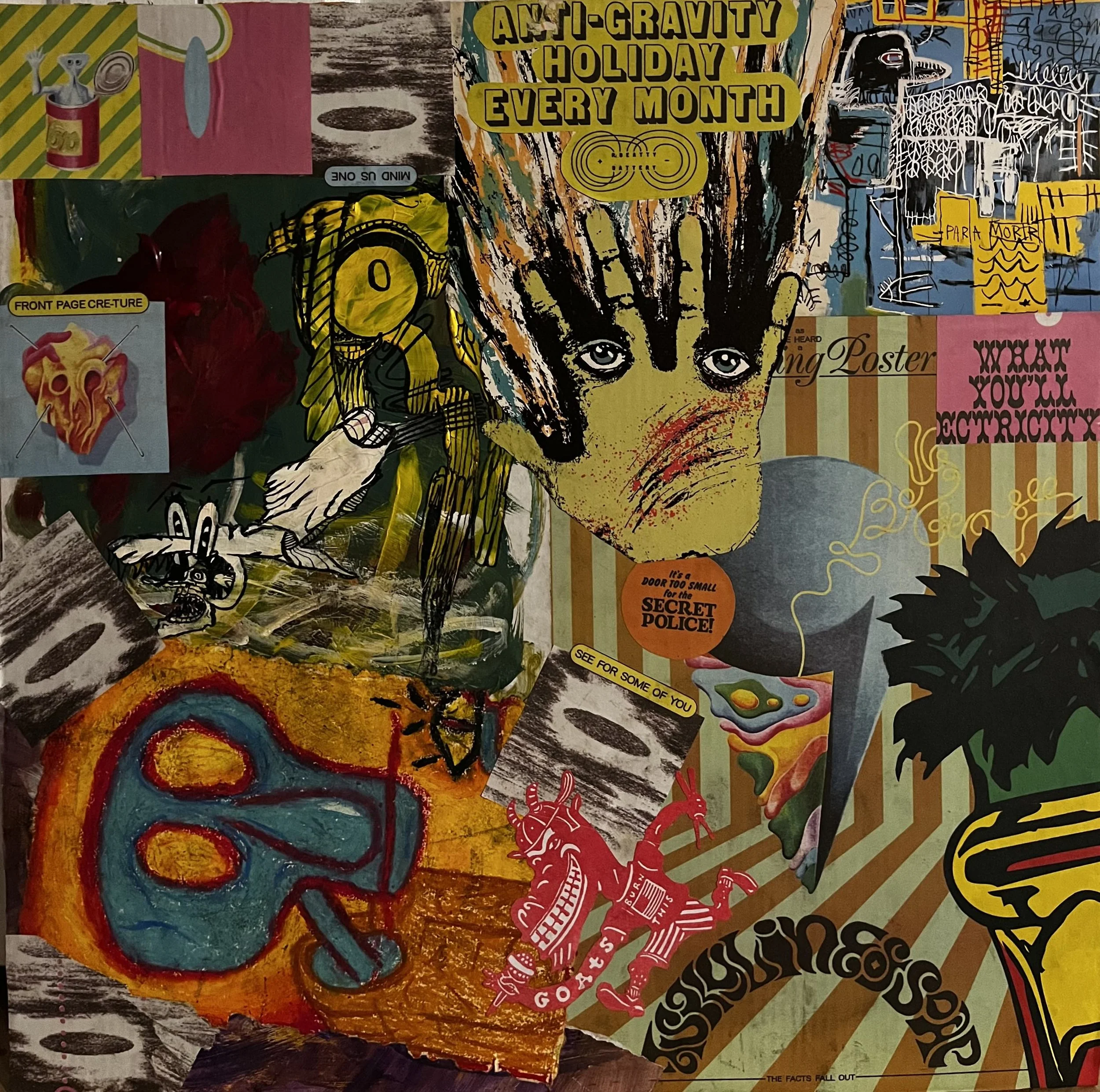 Collage of various pop art elements including a yellow face with black hair and expressive eyes, a comic-style robotic figure, a colorful mask, a red and white robot, a dinosaur, a face with a green hat, and various text and graphics with phrases like 'Anti-Gravity Holiday,' 'What You'd Expect,' and 'See for some of you.' The background contains different patterns and illustrations, creating a vibrant, chaotic visual.