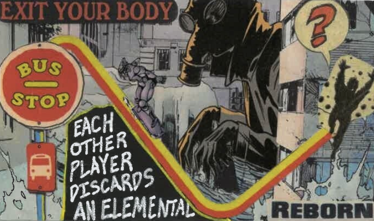 Illustration promoting safe driving, showing a roller coaster track with a bus stop sign, a figure in a black coat, a woman in a purple dress, and graffiti with the words 'Exit Your Body' and 'Reborn,' along with a question mark in a speech bubble.