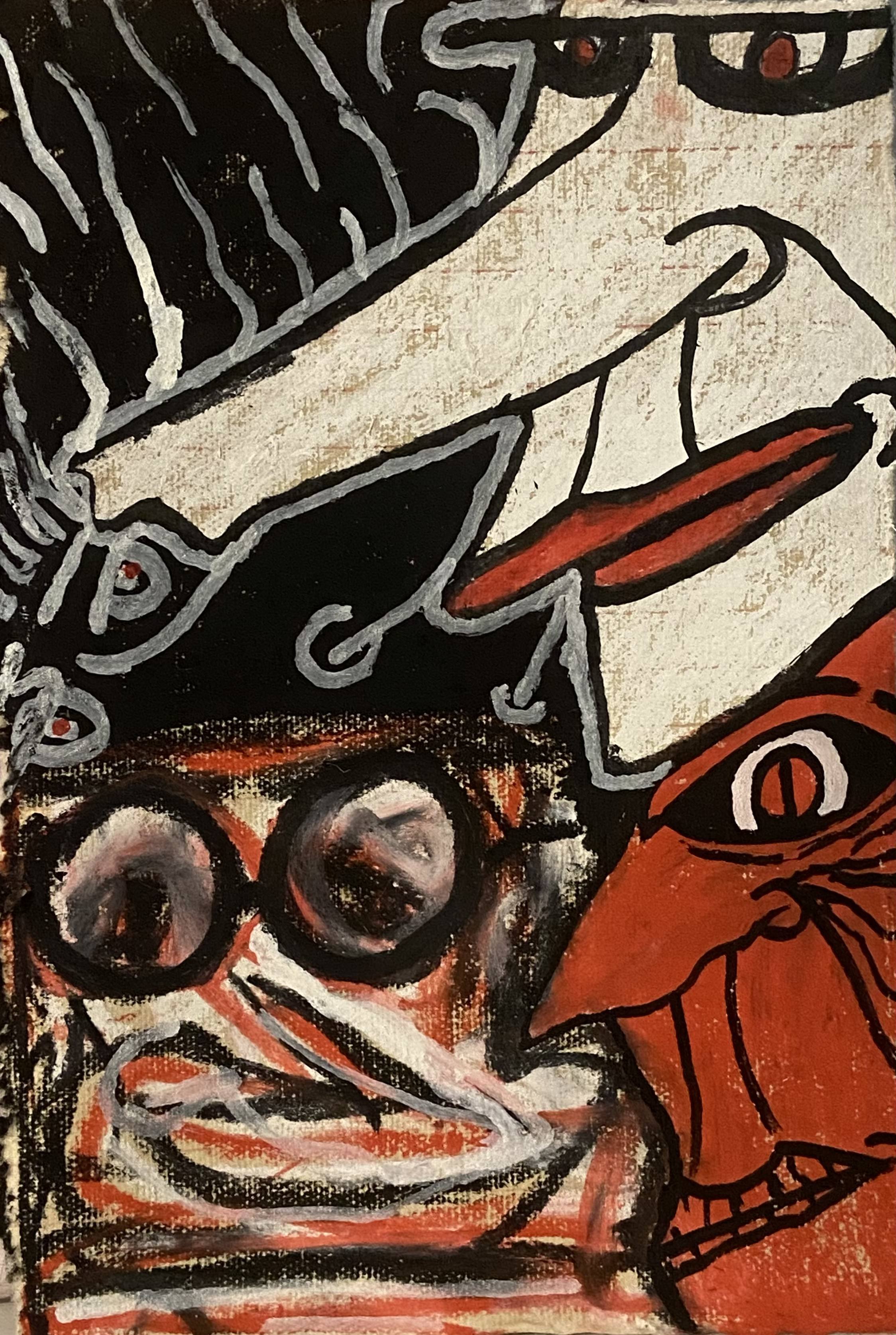 Close-up of an abstract painting featuring a pair of glasses, a face with red and black colors, and black outlines, with a mix of facial features and geometric shapes.