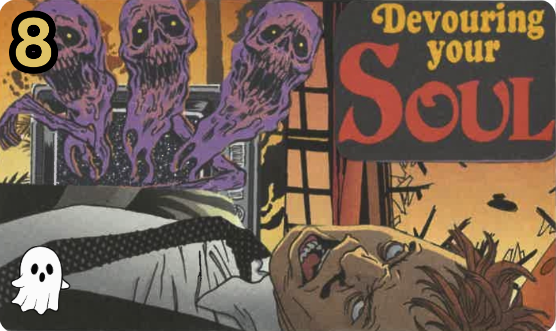 A horror comic-style illustration with three purple, skull-faced monsters emerging from a box, and a man lying on the ground with a frightened expression, with a sign reading "Devouring your Soul."