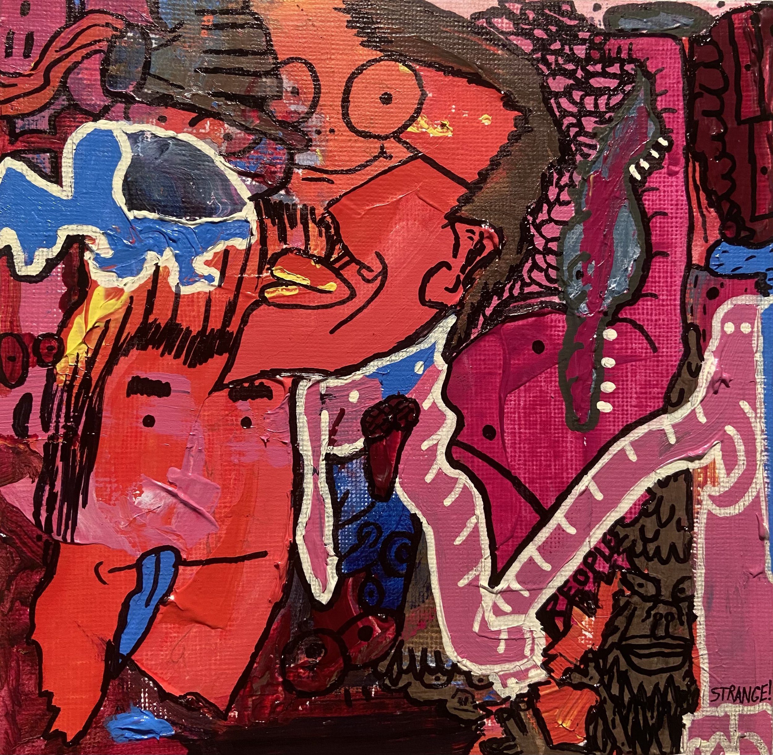 Abstract colorful painting of two women, one with blue hair, and a rabbit, with expressive lines and bright vibrant colors.