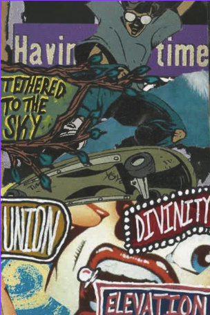 Graffiti art featuring a boy on a skateboard, a green military vehicle, and various words like 'Divinity,' 'Ellen,' and 'Elevation'