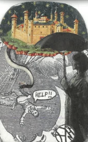 A colorful illustration of a castle with towers and flags, set against a starry sky. Below, a black-and-white drawing shows a person holding an umbrella, a snake, and a figure falling with a speech bubble saying 'HELP!!'.