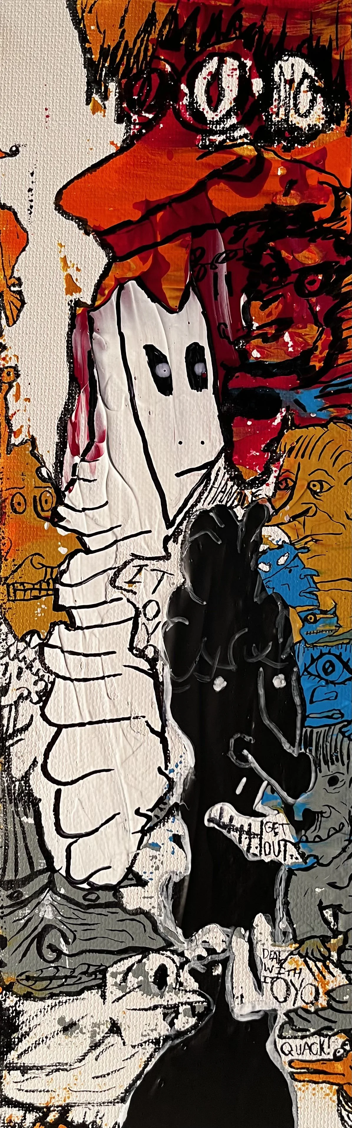 Abstract street art featuring cartoonish characters, scribbled text, and bold colors including red, orange, and black.