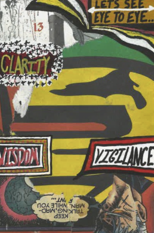 Graffiti artwork with words like "Clarity," "Wisdom," and "Vigilance," featuring abstract black shapes and a dog illustration.