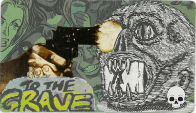 A hand holding a gun aimed at a large, aggressive dinosaur illustration, with comic book style art and the text 'To the Grave' at the bottom.