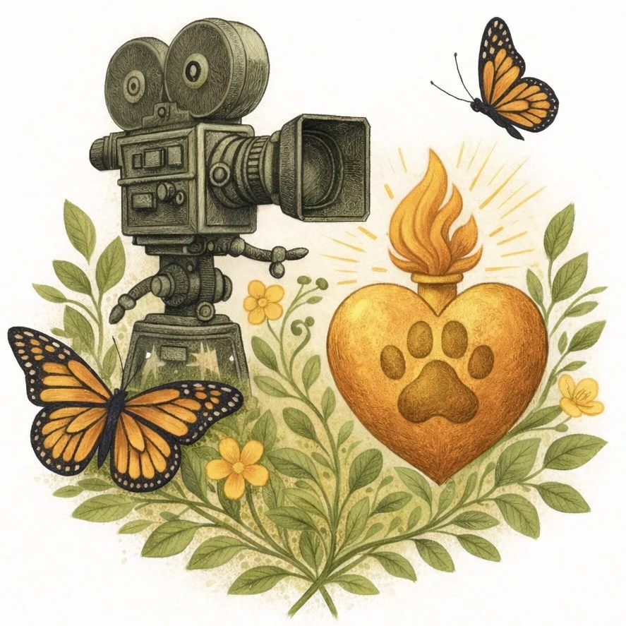 A vintage film camera next to a flaming heart with a paw print, surrounded by green leaves, yellow flowers, and butterflies.