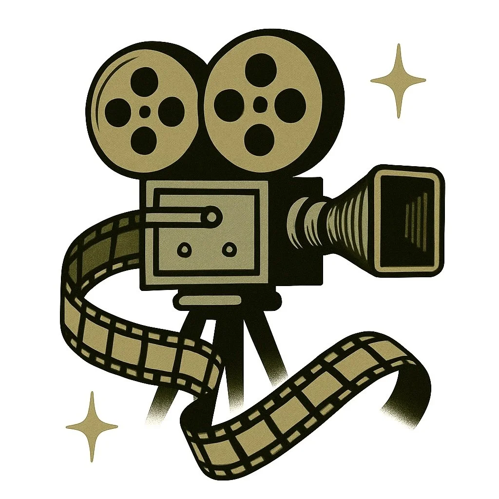 A vintage movie camera with two film reels, a reel tape, and a flash of light in the background.