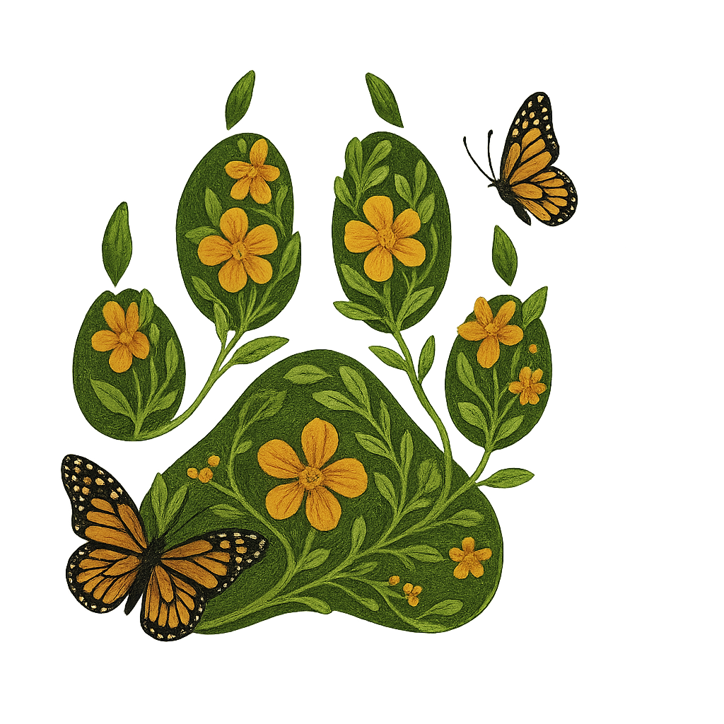 Illustration of green leaves and yellow flowers with two monarch butterflies.