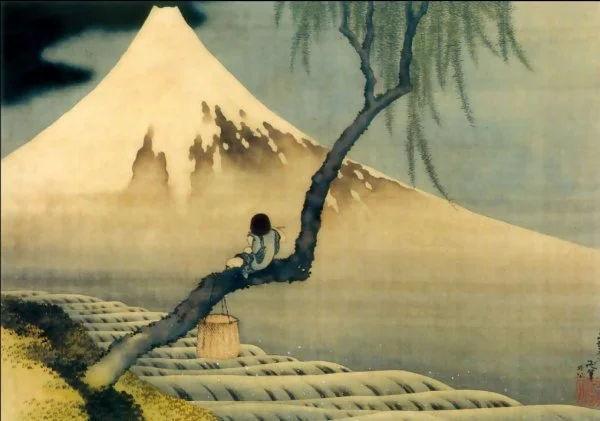 Estampe japonaise d'un personnage contemplant le Mont Fuji, évoquant la hauteur de vue et l'ingénierie relationnelle.