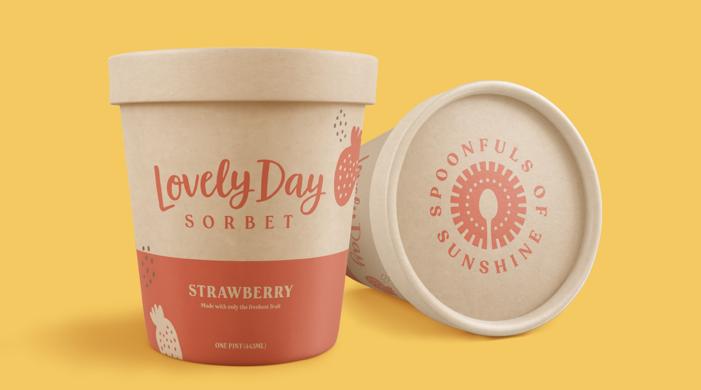 Two paper cups of Lovely Day Sorbet strawberry flavor on a yellow background, one cup standing upright and the other lying on its side, showing the inside of the lid with the text "Spoonfuls of Sunshine" and a spoon graphic.