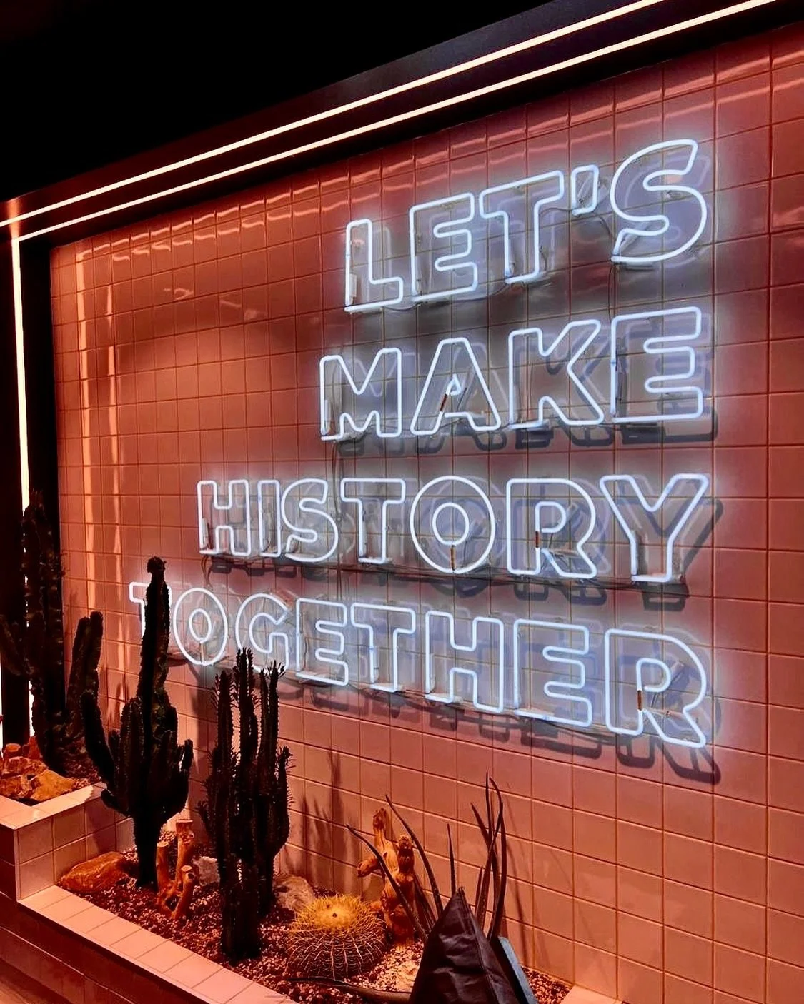 Neon sign that says 'Let's make history together' on a pink tiled wall, with plants and cacti in front.
