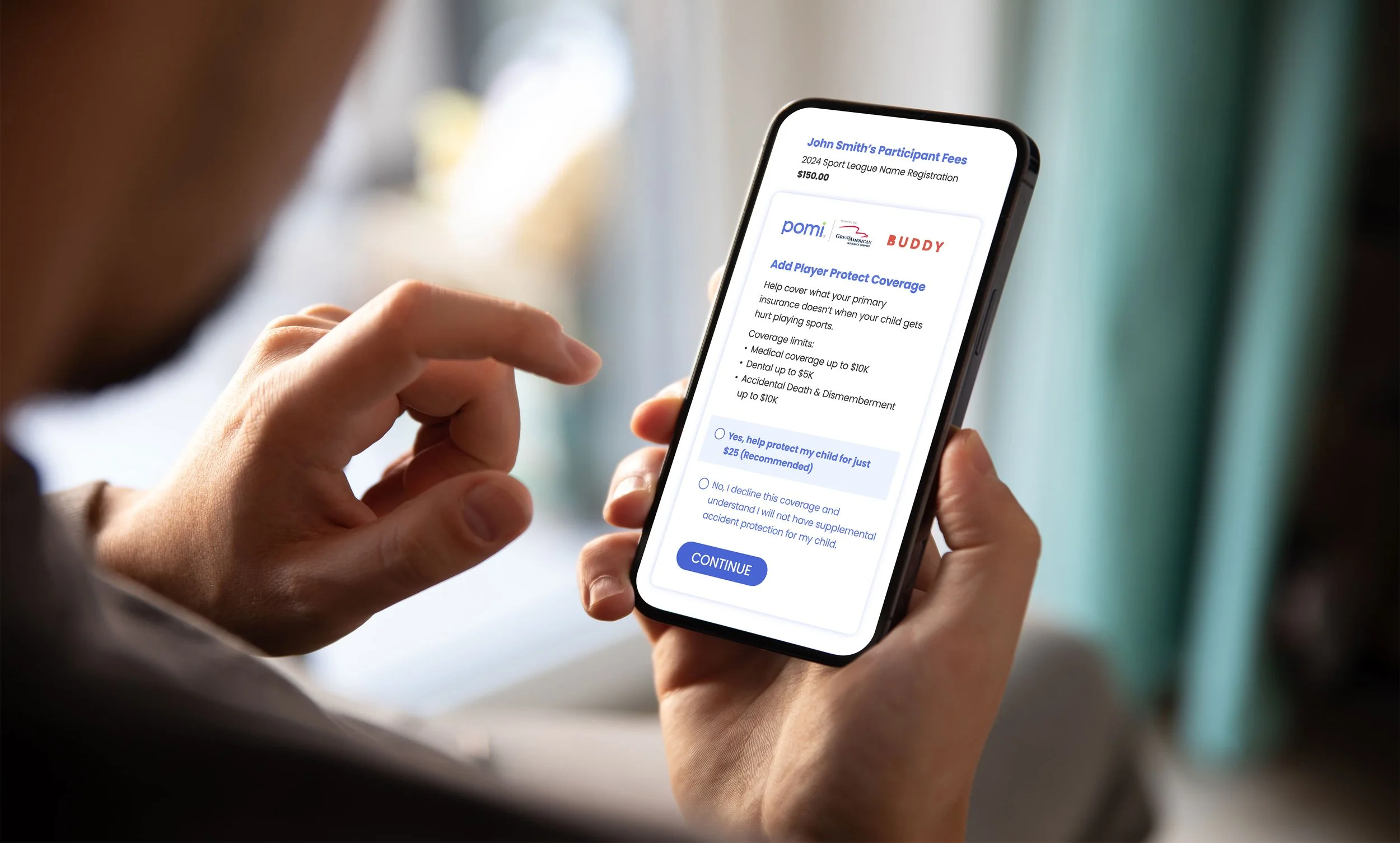 Person holding a smartphone displaying a form for adding player protection coverage for a child's sports insurance.