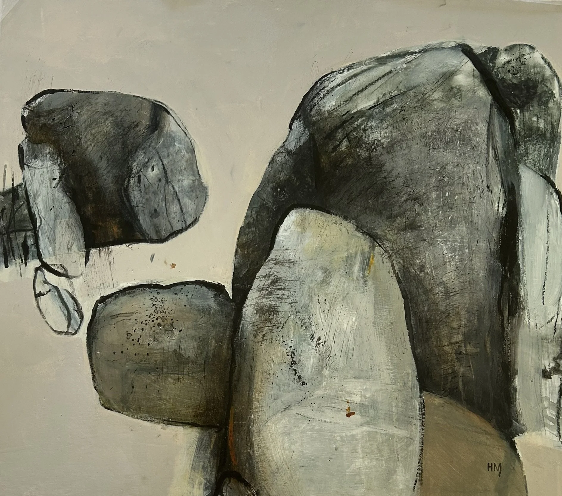 Abstract painting of three large, rounded rocks in shades of gray, black, and beige against a light background.