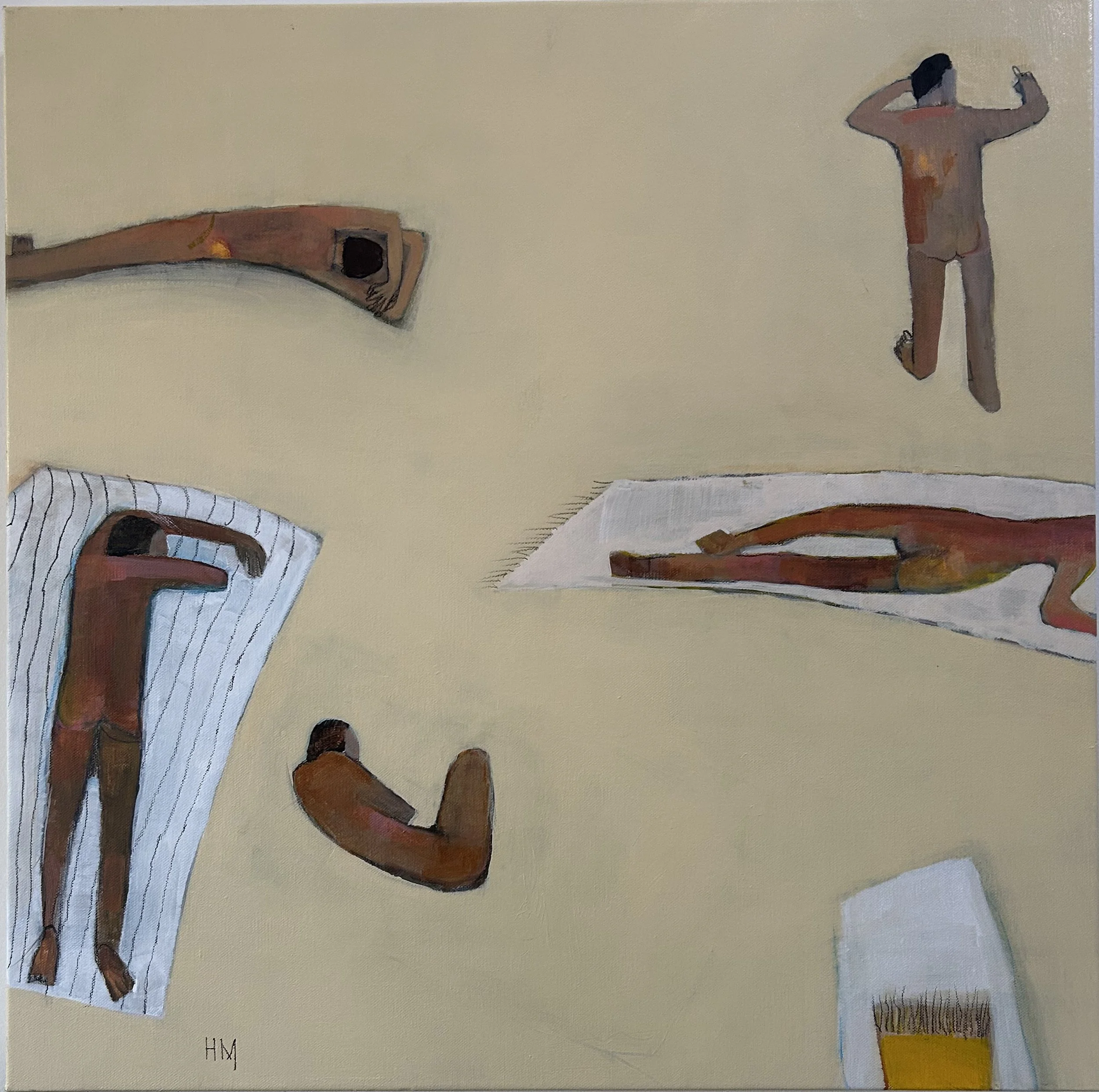 A painting of five human figures in various poses, with some dressed in stripes, lying or sitting on a pale yellow background.