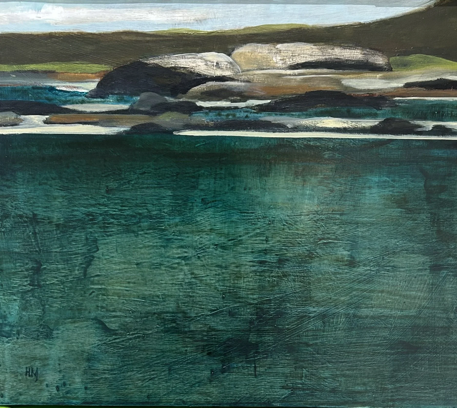 A painting of a landscape with a body of water in the foreground, rocks and grassy hills in the middle ground, and a cloudy sky above, using shades of green, brown, gray, and blue.