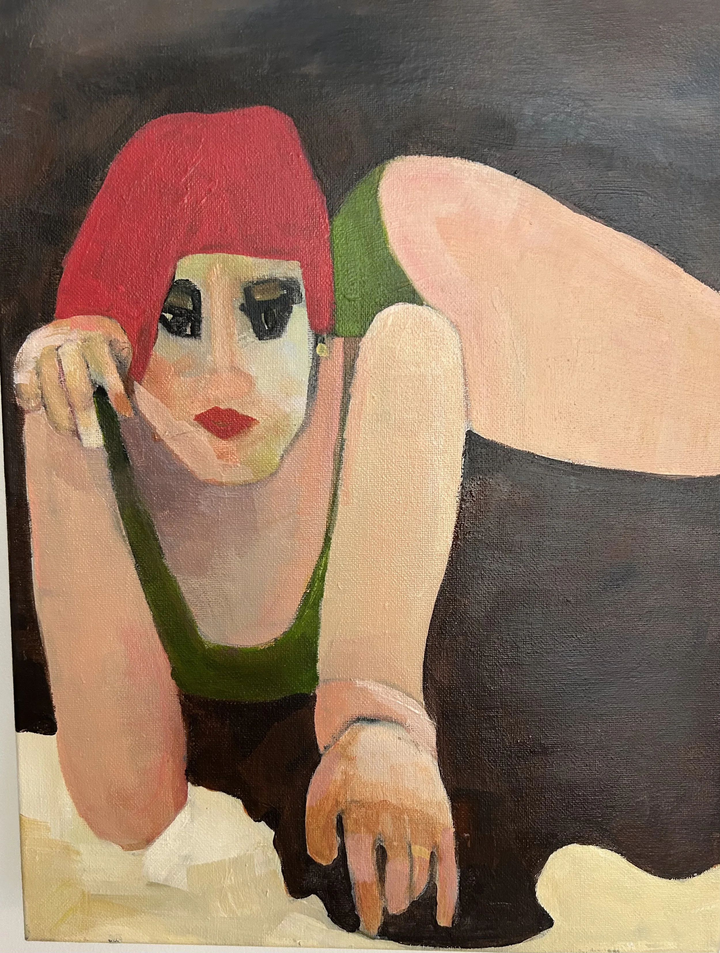 A stylized painting of a woman with red hair, dark eye makeup, and red lipstick, wearing a green top and reclining with one leg lifted, against a dark background.