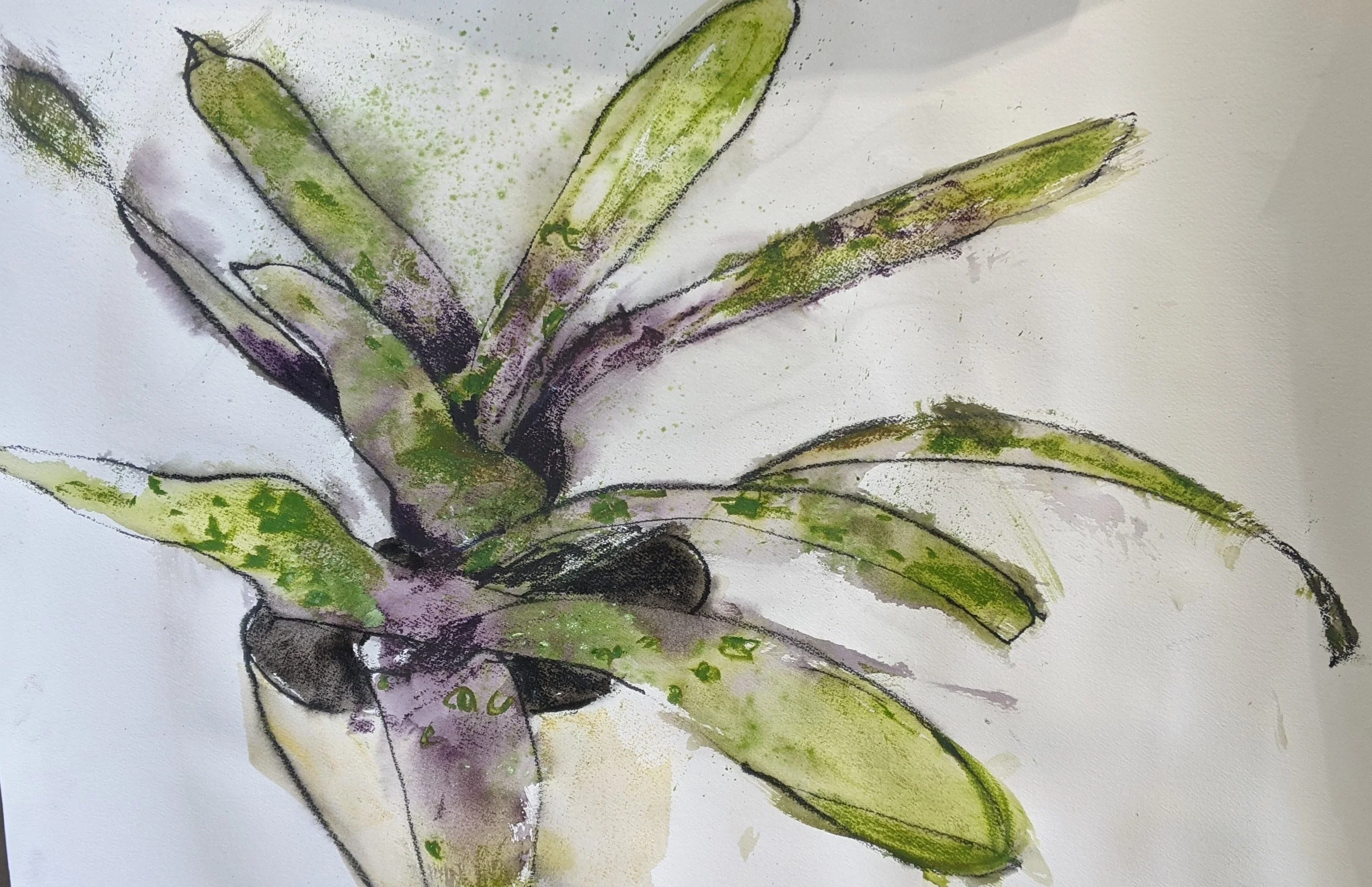 Watercolor painting of a potted plant with long, narrow green leaves.