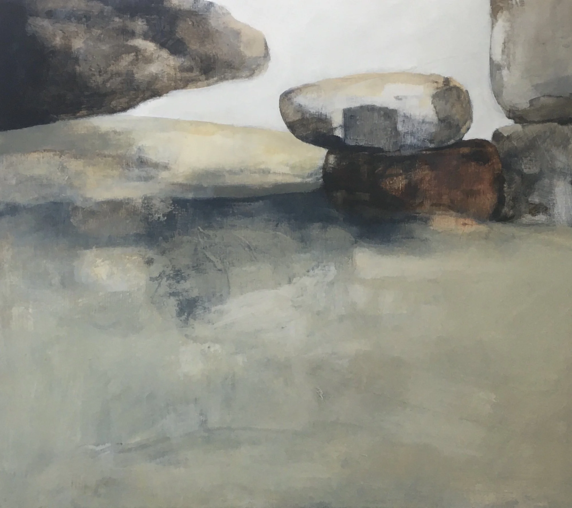 Painting of layered stones and rocks in neutral and earthy tones, with reflections on a smooth surface.